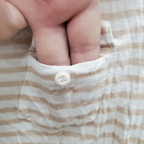 89th & Madison Women's Tan White Stripe Lightweight Knit Roll Tab Henley Top M - Picture 3 of 8